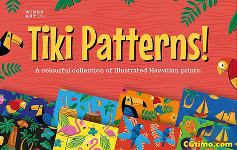 矢量素材-8款夏威夷风格版画插画彩色印花无缝矢量图案设计素材