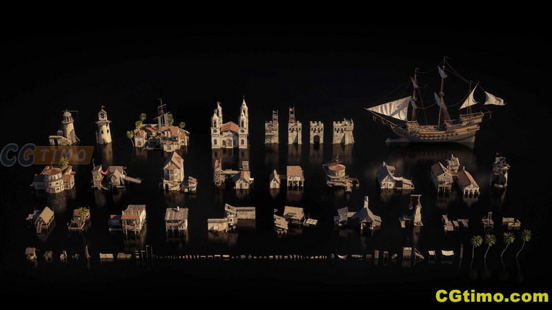 3D模型-Kitbash 3d 复古海边城市港口码头建筑模型合集 C4D模型 第11张
