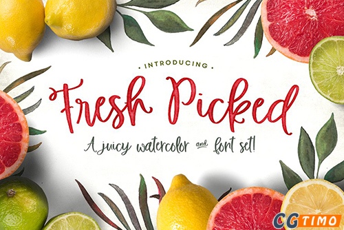 字体-Fresh Picked Watercolor & Font Kit 手绘数次爱英文字体下载+55手绘水彩画素材