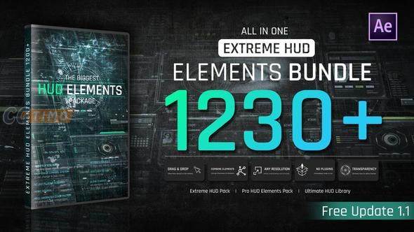 AE模板-1200多款科技感HUD全息界面边框线条元素动画模板 Extreme HUD Elements Bundle 1200+