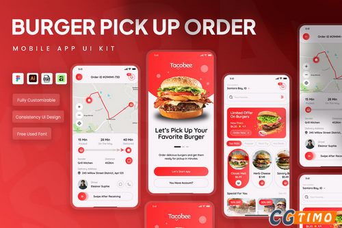 UI素材-汉堡外卖订单移动应用 UI 套件