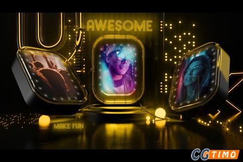 AE模板-奢华黑金3D舞台灯光开场片头动画模板 3D Luxury Neon Intro Gold Fun Slideshow