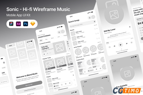 UI素材-高保真线框图音乐 UI UX 套件